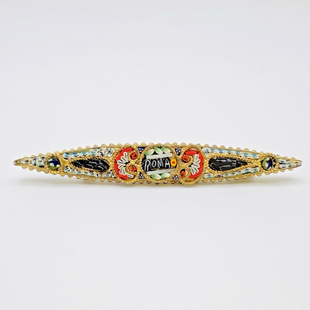 Vintage MICRO MOSAIC Roma Italian Brooch Bar Pin Estate Antique 2.5" Colorful